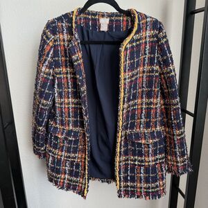 Chico's Womens‎ Small Tweed Jacket Blue Yellow Red Chain Trim Open Front